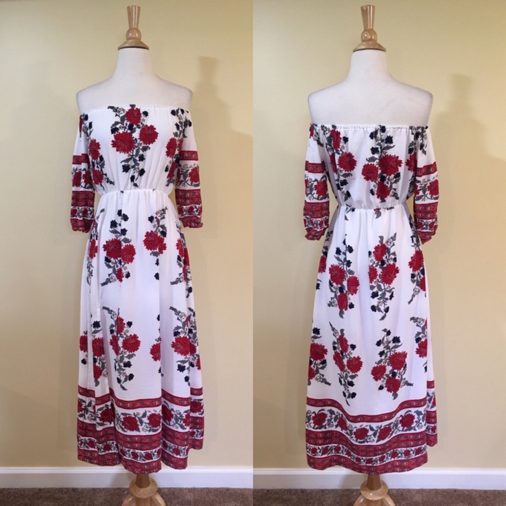 Off Shoulder Rose Floral Waisted Maxi Dress - Picture 2 of 3